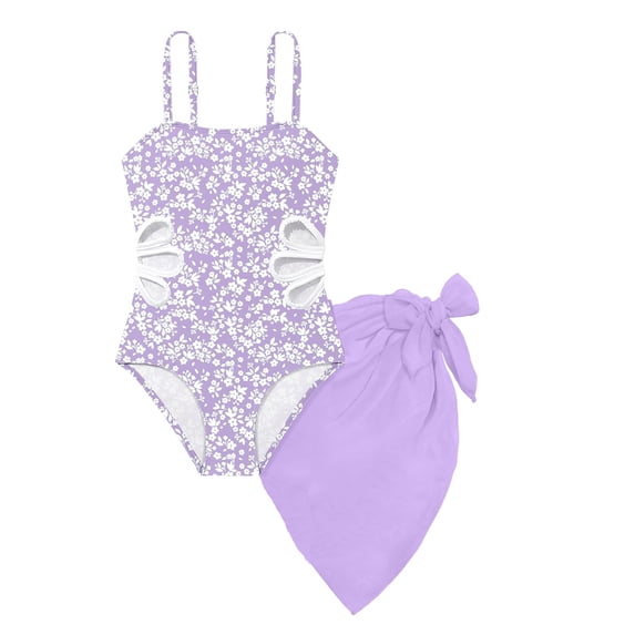 Curuila Toddler Girls One Piece Swimsuit With Adjustable Straps Flowers Print Square Neck Casual Fashionable Swimwear For Beach Pool Purple Size 11-12 Years