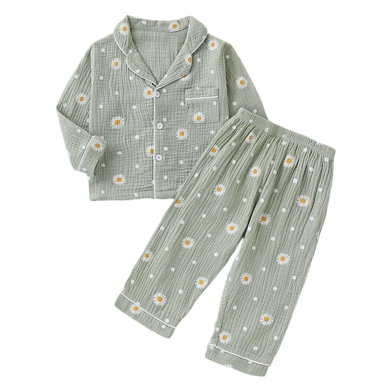 Curuila Toddler Girls Pajamas Set Long Sleeve Floral Print Lapel Button Down Pjs Tops With Pants Casual Sleepwear Green Size 3-4 Years
