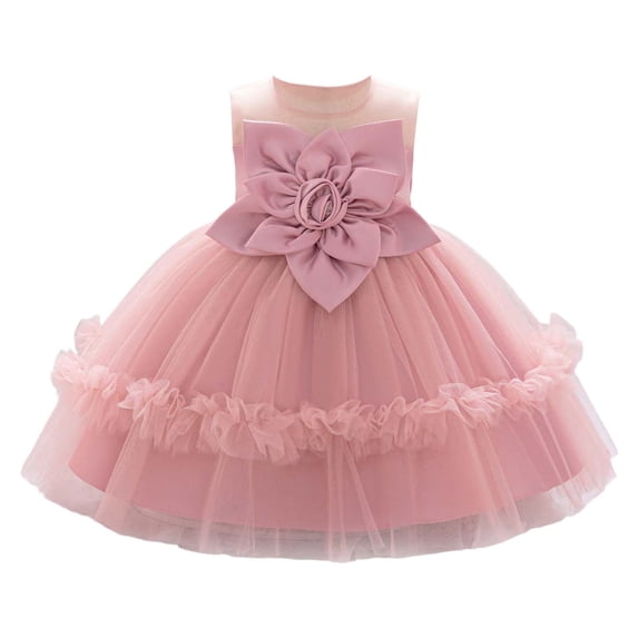 Curuila Toddler Girls Party Dress 3D Floral Sleeveless Crew Neck Solid Color Elegance Dresses For Birthday Celebrations Size 6-9 Months Pink