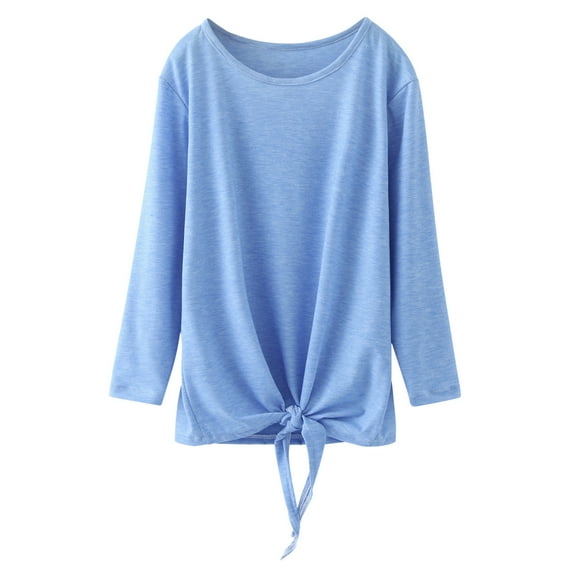 Curuila Toddler Girls T Shirt Crew Neck Long Sleeve Solid Basic Tie Front Knot Tank Casual Autumn Tops Light Blue Size 6-7 Years