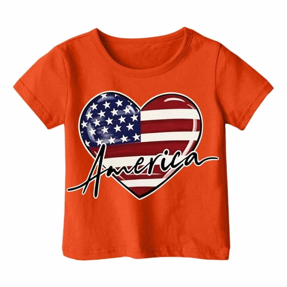 Curuila Toddler Girls T-Shirts Summer Crew Neck Hearts Print Short Sleeved Lightweight Fashion Casual Tops Orange Size 5-6 Years