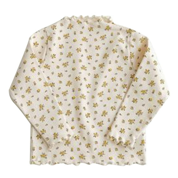 Curuila Toddler Girls Tops Fall Winter Casual Tees High Neck Long Sleeve Striped Floral Print Basic Shirt Yellow Size 4-5 Years