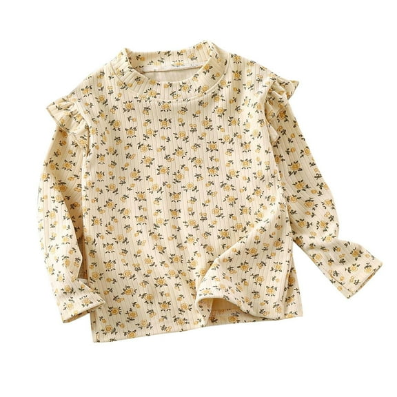 Curuila Toddler Girls Tops Floral Print Long Flying Sleeve Crew Neck Autumn Winter T Shirt Yellow Size 18-24 Months