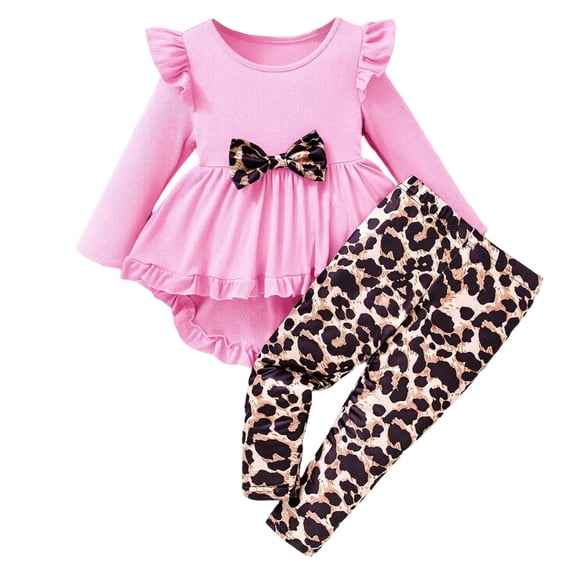 Curuila Toddler Girls Two Piece Set Long Sleeve Crew Neck Solid Color T Shirt Cartoon Print Long Pants Comfortable Outfits Set Pink Size 4-5 Years