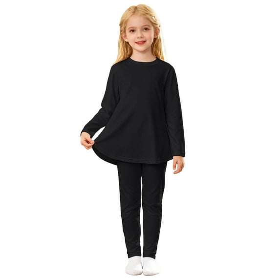Curuila Toddler Girls Two Piece Set Long Sleeve Crew Neck Solid Color T Shirt Long Pants Comfortable Outfits Set Black Size 9-10 Years