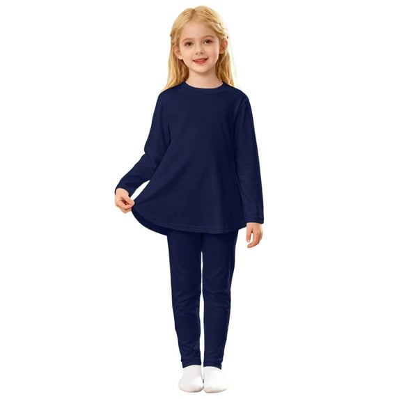 Curuila Toddler Girls Two Piece Set Long Sleeve Crew Neck Solid Color T Shirt Long Pants Comfortable Outfits Set Navy Size 7-8 Years