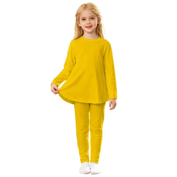 Curuila Toddler Girls Two Piece Set Long Sleeve Crew Neck Solid Color T Shirt Long Pants Comfortable Outfits Set Yellow Size 9-10 Years