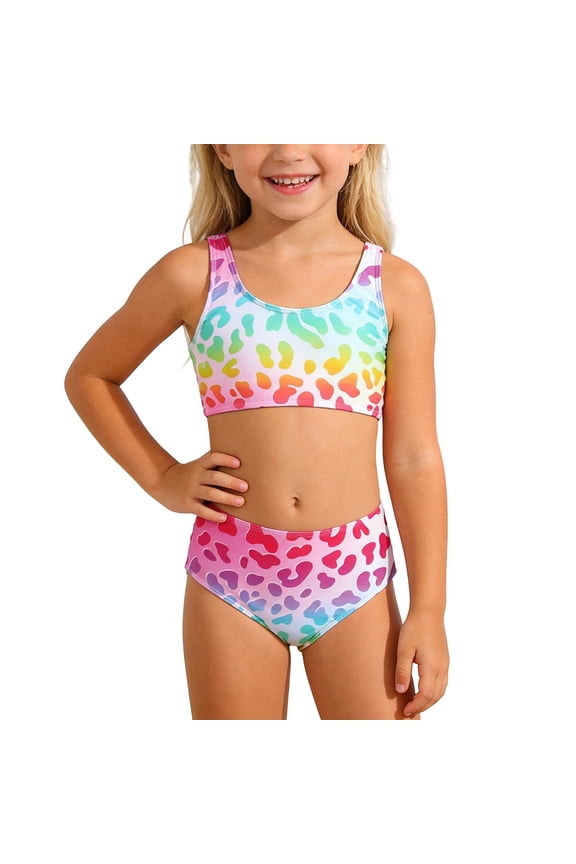 Toddler Girls Two Piece Swimsuit Summer Prints Sleeveless Crew Neck Bikini Set Fashionable Swimwear For Beach Pool Pink Size 9-10 Years
