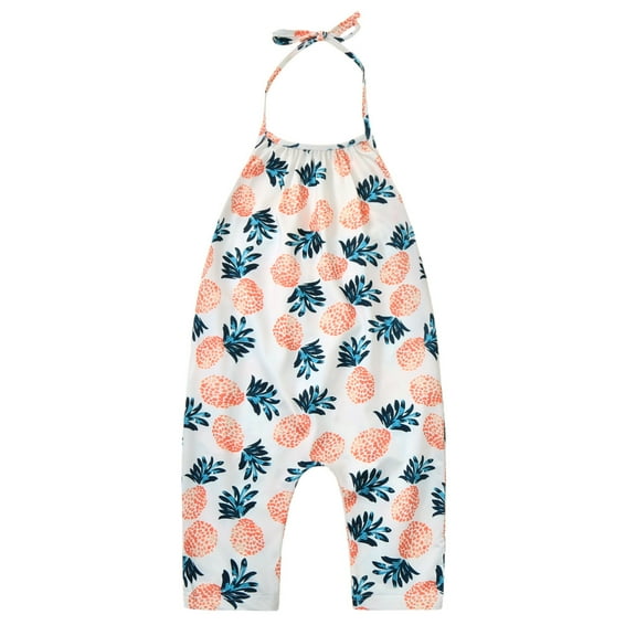 Curuila Toddler Infant Girls Jumpsuit Sleeveless Lace Up Crew Neck Print Summer Romper With Pocket White Size 5-6 Years