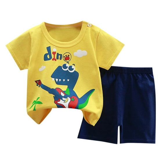 Curuila Toddler Kids Boys Girls Outfit Set Crew Neck Short Sleeve Fashionable Cartoon Print Shirt Short Summer Two Piece Set Yellow Size 3-4 Years