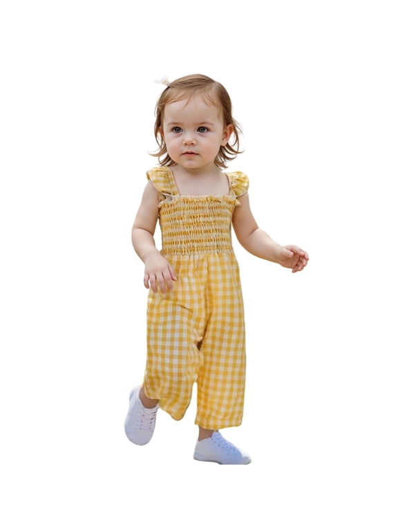 Toddler Kids Girls Bodysuits Sleeveless Plaid Prints Suspenders Jumpsuit Summer Clothes Yellow Size 2-3 Years