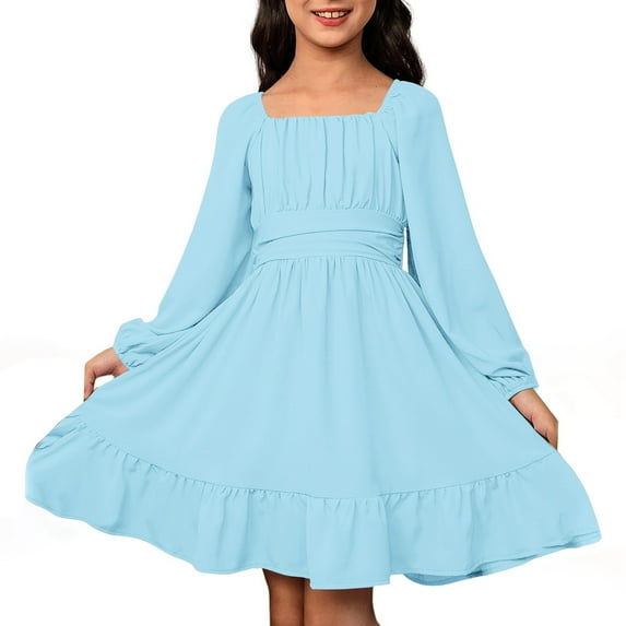 Curuila Toddler Kids Girls Dress Square Neckline Long Sleeves Solid Color Gentle Elegant Spring Summer Dresses Size 6-7 Years Blue