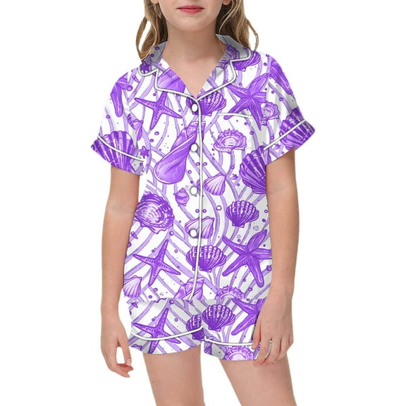 Curuila Toddler Kids Girls Outfit Set Short Sleeve Cartoon Print Lapel Button Shirt Shorts Fashion Comfortable Two Piece Sets Purple Size 8-9 Years