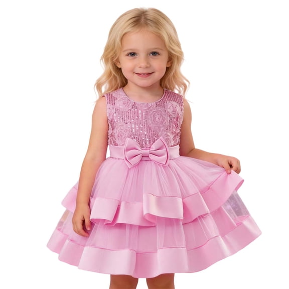 Curuila Toddler Kids Girls Tutu Dress Solid Color Sequins Sleeveless Crew Neck Elegant Dresses With Bow Size 2-3 Years Pink