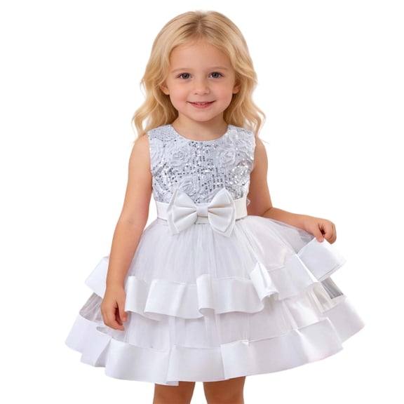 Curuila Toddler Kids Girls Tutu Dress Solid Color Sequins Sleeveless Crew Neck Elegant Dresses With Bow Size 3-4 Years White