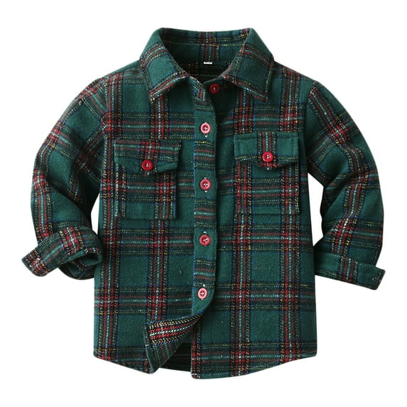 Curuila Toddler Shirt Coat Jacket Plaid Long Sleeve Lapel Button Tops Outwear For Boys Girls Dark Green Size 18-24 Months