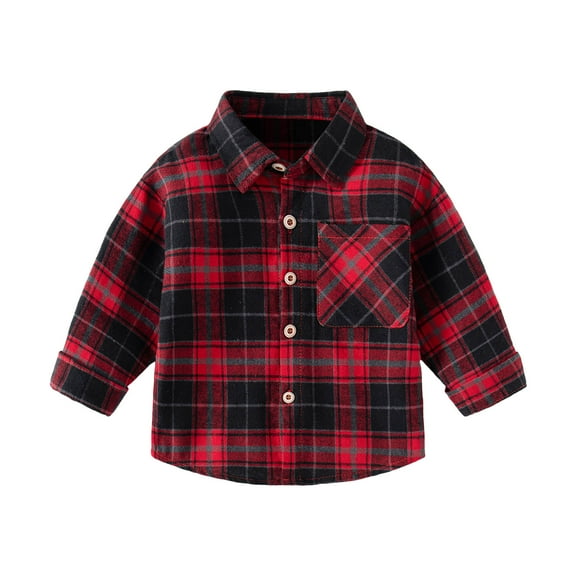 Curuila Toddler Shirts Long Sleeve Casual Plaid Print Gentleman Lapel Tops T Shirt For Boys Girls Red Size 3-4 Years