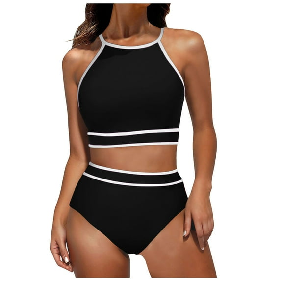 Curuila Two Piece Swimsuit For Women Crew Neck Halter Solid Color Top High Waisted Comfort Bikini Set Black Size L