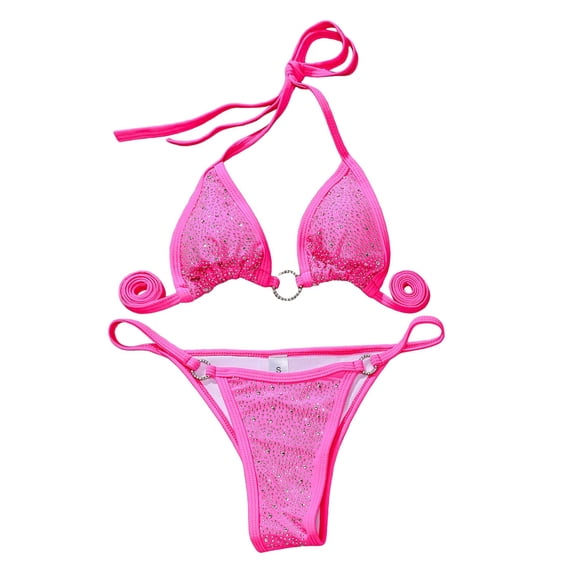 Curuila Two Piece Swimsuit For Women Push Up Solid Color V Neck Halter Fashionable Bikini Set Beachwear Red Size M