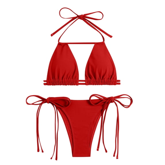 Curuila Two Piece Swimsuit For Women Solid Color Crew Neck Halter Fashionable Comfort Swimwear Red Size M