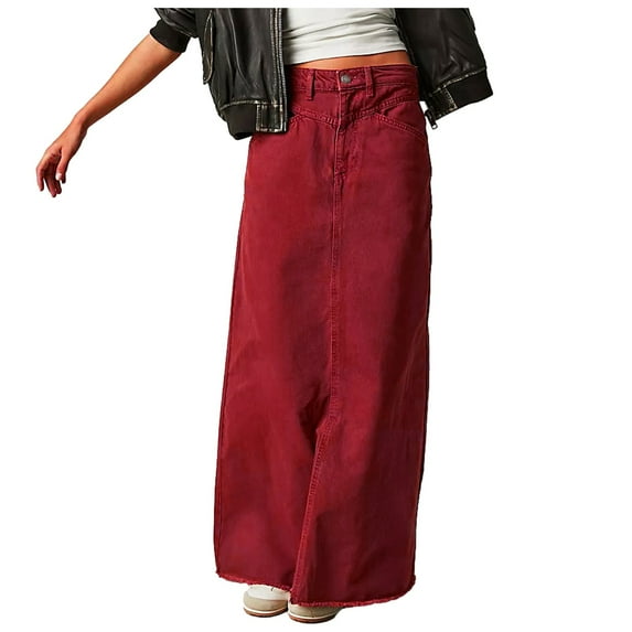 Curuila Women Denim Maxi Skirt High Waist Solid Color Loose A Line Long Skirt With Pocket Red Size S