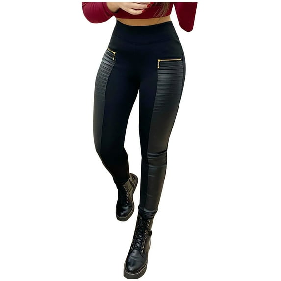 Curuila Women Leather Pant Leggings Stretch High Waisted Slim Fit Long Sweatpants With Zipper Solid Color Comfort Trousers Black Size L