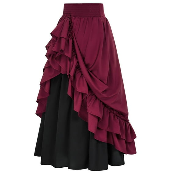 Curuila Women Maxi Skirt Elastic High Waist Color Block Casual A Line Long Skirt Wine Size S