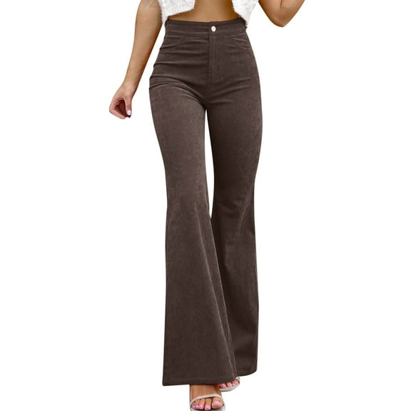 Curuila Women Pant Button High Waisted Wide Leg Long Flared Sweatpants Solid Color Fashion Autumn Winter Trousers Brown Size Xl
