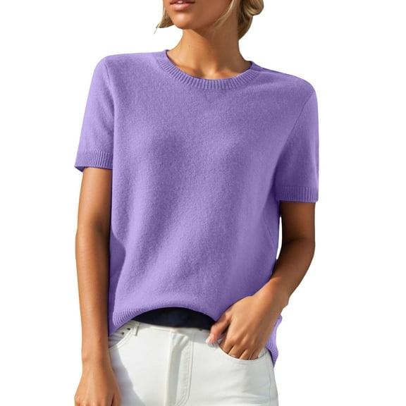 Curuila Women Sweater Knitted Solid Color Crew Neck Short Sleeve Casual Thin Loose Spring Autumn Pullover Purple Size M