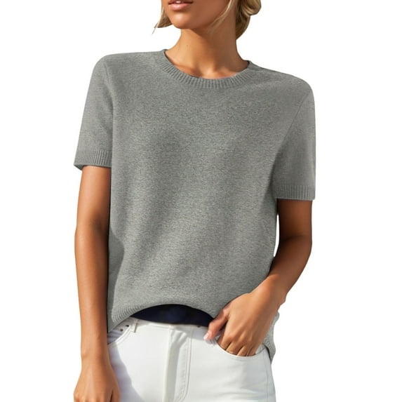 Curuila Women Sweater Knitted Solid Color Crew Neck Short Sleeve Comfort Thin Loose Spring Autumn Pullover Grey Size L
