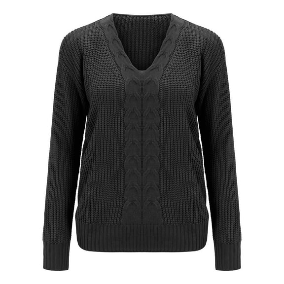 Curuila Women Sweater V Neck Knitted Solid Color Long Sleeve Fashion Warm Slim Fit Autumn Winter Pullover Black Size L