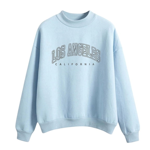 Curuila Women Sweatshirt Letter Print Long Sleeved Crew Neck Soft Warm Casual Autumn Winter Pullover Blue Size Xl