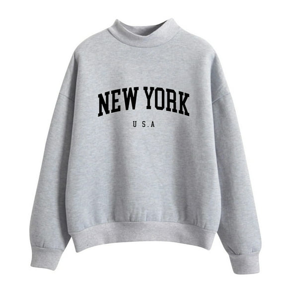 Curuila Women Sweatshirt Letter Print Long Sleeved Crew Neck Soft Warm Casual Autumn Winter Pullover Gray Size M