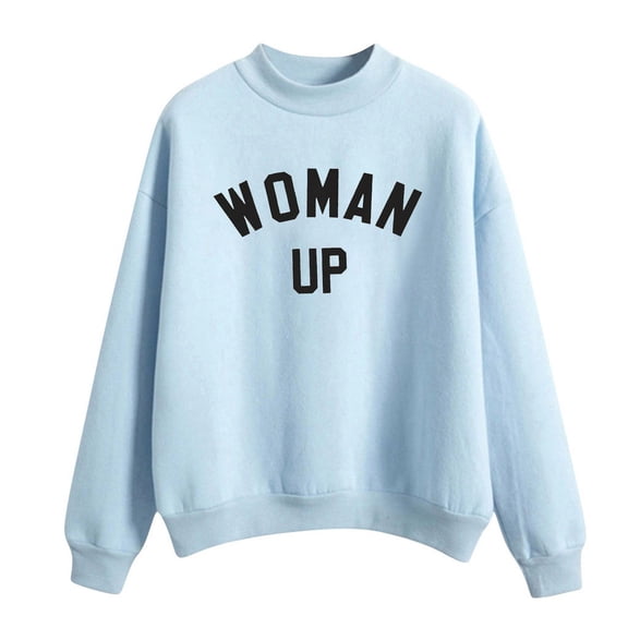 Curuila Women Sweatshirt Letter Print Long Sleeved Crew Neck Soft Warm Casual Autumn Winter Pullover Light Blue Size 2Xl
