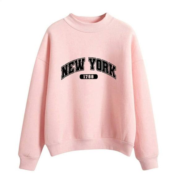 Curuila Women Sweatshirt Letter Print Long Sleeved Crew Neck Soft Warm Casual Autumn Winter Pullover Pink Size L