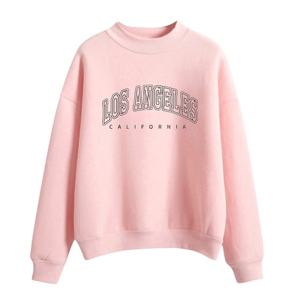 Curuila Women Sweatshirt Letter Print Long Sleeved Crew Neck Soft Warm Casual Autumn Winter Pullover Pink Size M