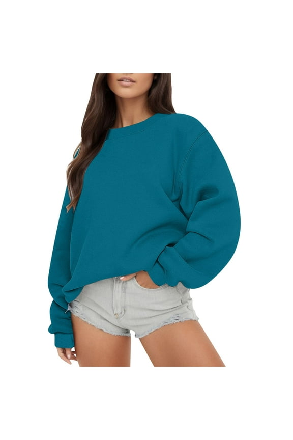 Women Sweatshirt Solid Color Long Sleeved Crew Neck Soft Warm Comfortable Casual Pullover Blue Size Xl