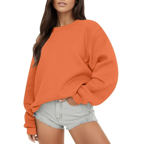 Curuila Women Sweatshirt Solid Color Long Sleeved Crew Neck Soft Warm Comfortable Casual Pullover Orange Size Xl