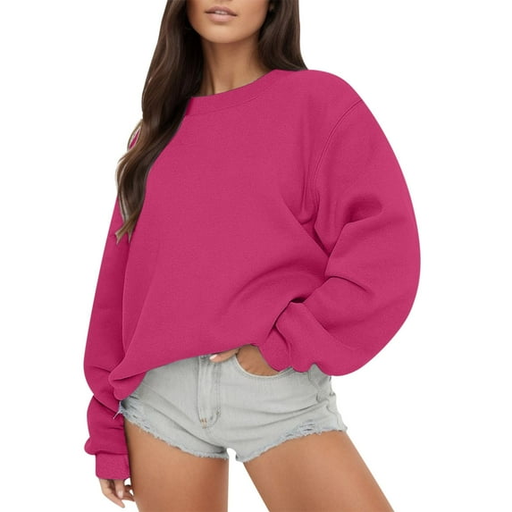 Curuila Women Sweatshirt Solid Color Long Sleeved Crew Neck Soft Warm Comfortable Casual Pullover Pink Size 2Xl