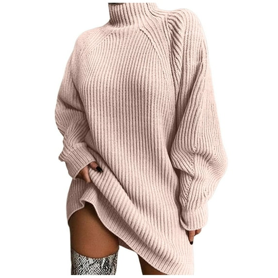 Curuila Women Turtleneck Dresses Knitted Solid Color Long Sleeve Fashion Warm Loose Autumn Winter Sweater Pink Size L