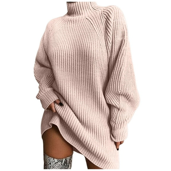 Curuila Women Turtleneck Dresses Knitted Solid Color Long Sleeve Fashion Warm Loose Autumn Winter Sweater Pink Size M