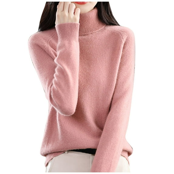 Curuila Women Turtleneck Sweater Knitted Solid Color Long Sleeve Comfort Thick Loose Autumn Winter Pullover Pink Size L