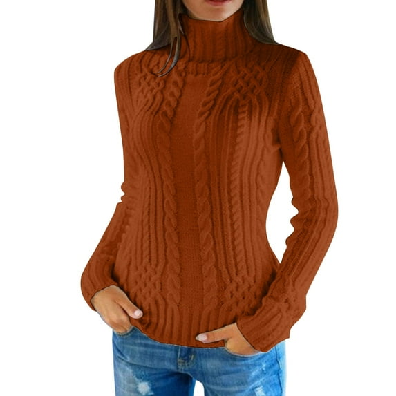 Curuila Women Turtleneck Sweater Knitted Solid Color Long Sleeve Fashion Thick Slim Fit Autumn Winter Pullover Brown Size M