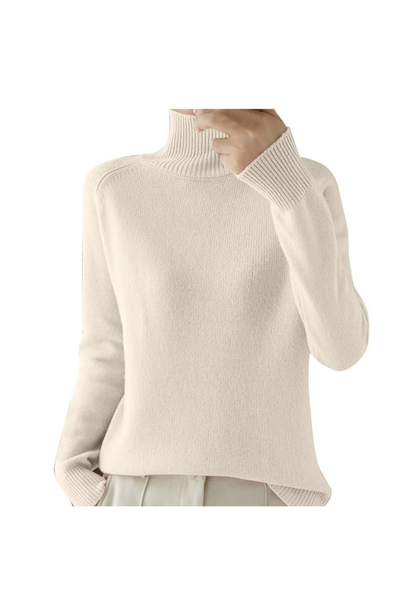 Women Turtleneck Sweater Knitted Solid Color Long Sleeve Soft Warm Thick Loose Autumn Winter Pullover Beige Size L