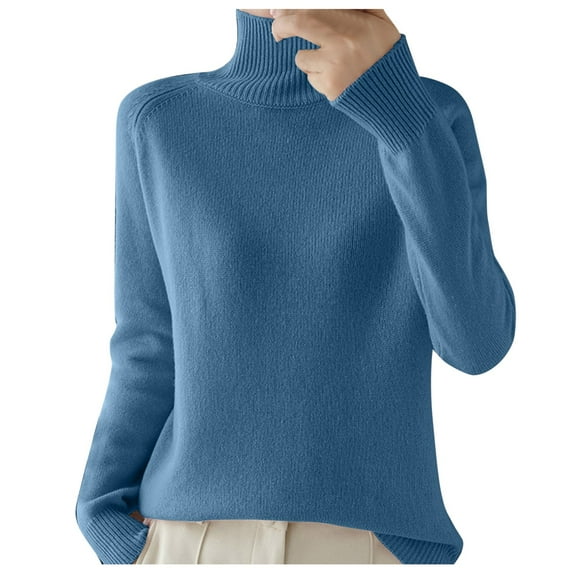 Curuila Women Turtleneck Sweater Knitted Solid Color Long Sleeve Soft Warm Thick Loose Autumn Winter Pullover Blue Size L