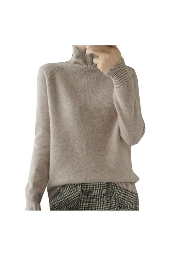 Women Turtleneck Sweater Knitted Solid Color Long Sleeve Soft Warm Thick Loose Autumn Winter Pullover Khaki Size L