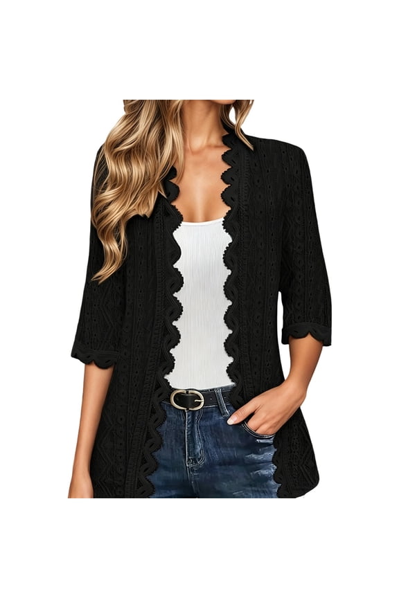 Womens Cardigan Elegant Half Sleeve Hollow Lace Solid Color Lightweight Open Front Sweater Soft Comfortable Tops Black Size L