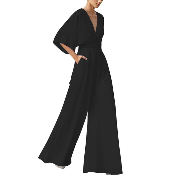 Curuila Womens Jumpsuits Deep V Neck Short Sleeve Solid Color High Waist Wide Leg Loose Fit Breathable Soft Bodysuits Black Size 2Xl