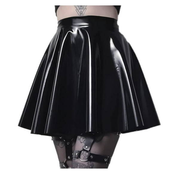 Curuila Womens Leather Mini Skirt Shiny Solid Color Pleated Fashion Comfort Short Skirt Black Size L