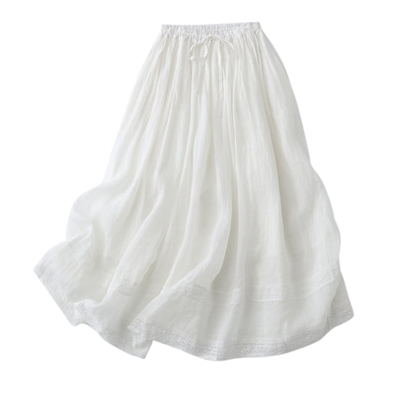 Curuila Womens Long Skirt Elastic Waisted Comfortable Solid Color Med Length Skirt With Embroidered White Size M